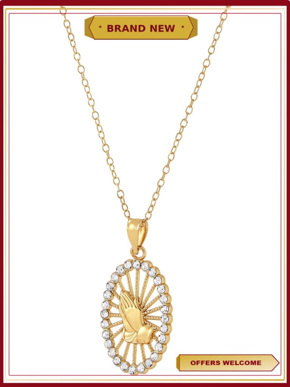 18K Gold Over Sterling Silver Oval Pendant with Crystals Necklace 18" - Picture 2 of 3
